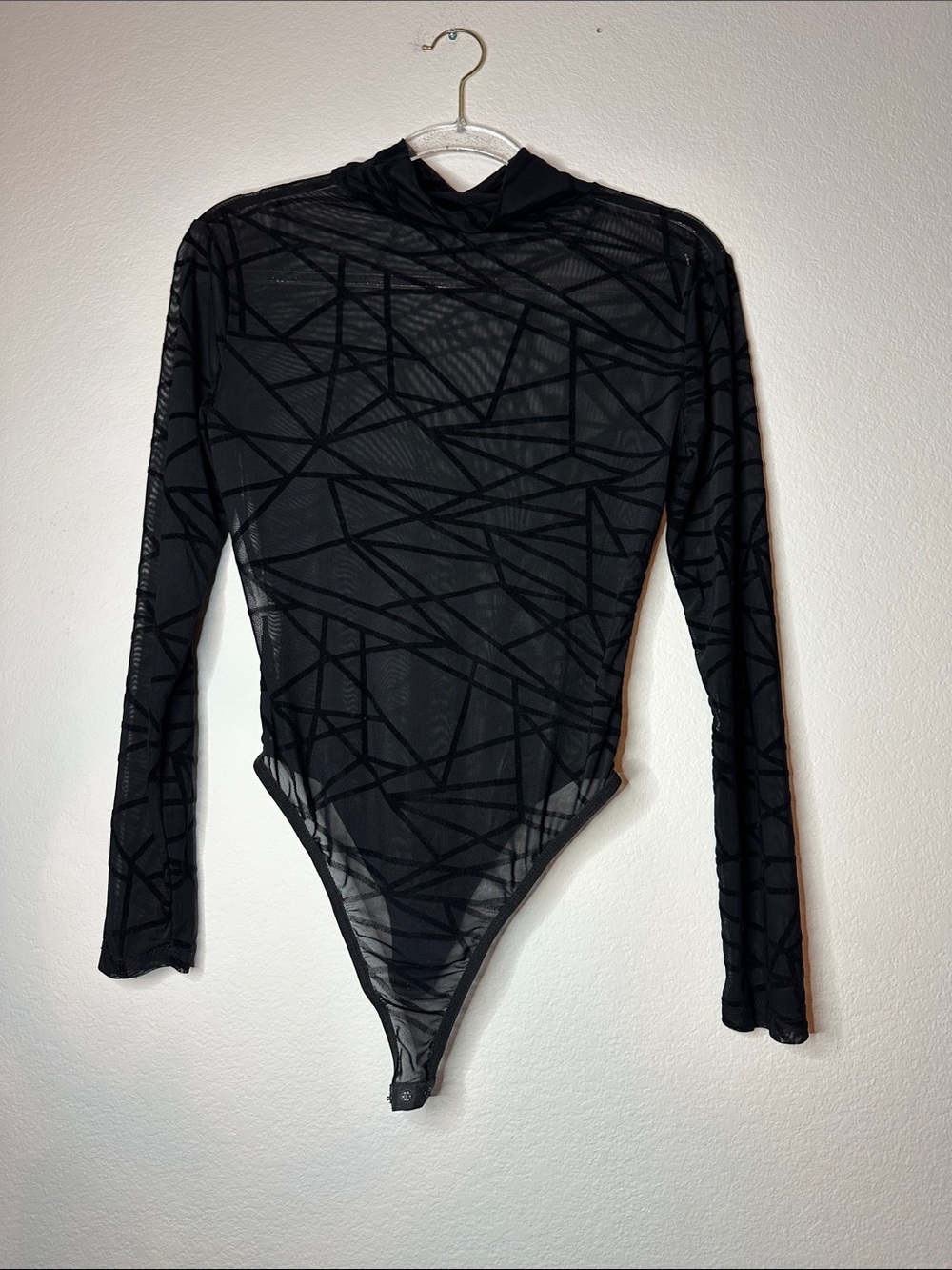 Black Mesh Long-Sleeve Womenโs One-Piece Bodysuit